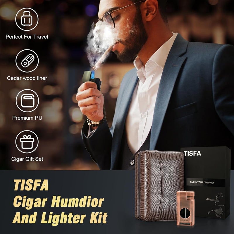 TISFA Cigar Travel Humidor for Cigars Portable Cigar Humidor with All in one Cigar Torch Lighter, Cigar Humidifier, Hygrometer, Cigar Accessories Gift Set, Cedar Wood Lined Cigar Case (Textured Brown) - Image 4